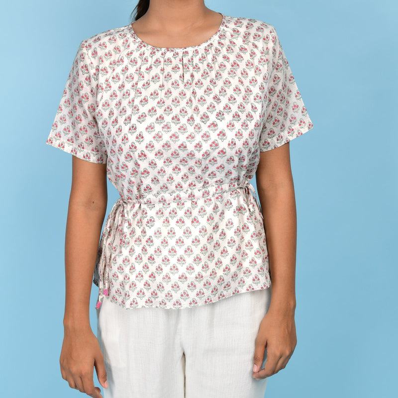 Front Detail of a Model wearing White Block Printed 100% Cotton A-Line Top