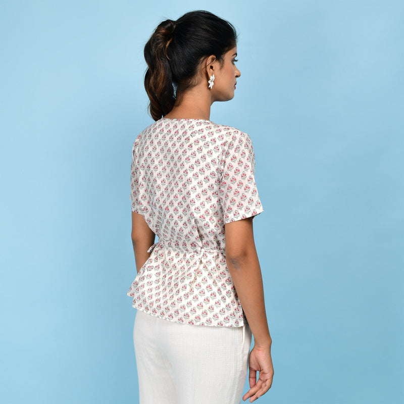 Back View of a Model wearing White Block Printed 100% Cotton A-Line Top