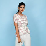 Front View of a Model wearing White Block Printed 100% Cotton A-Line Top