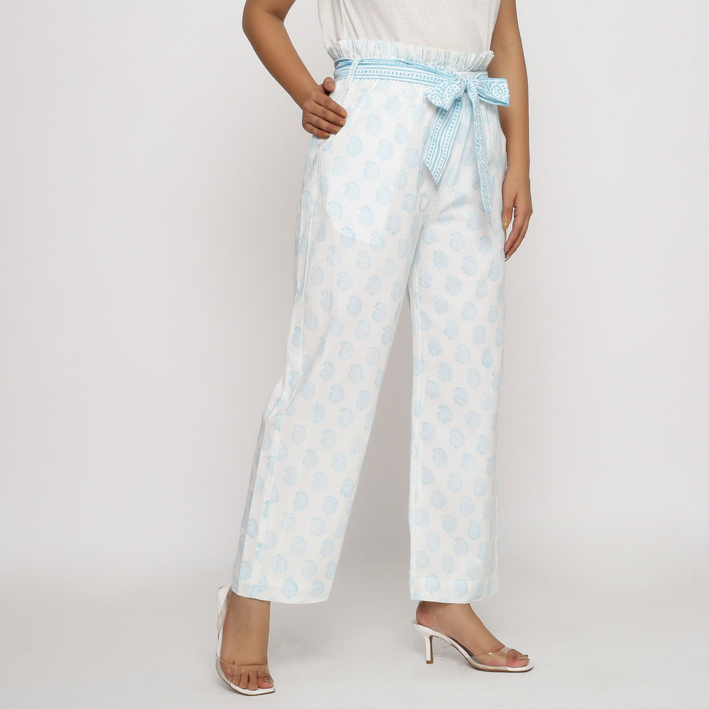 Right View of a Model wearing White Block Printed Paperbag Pant