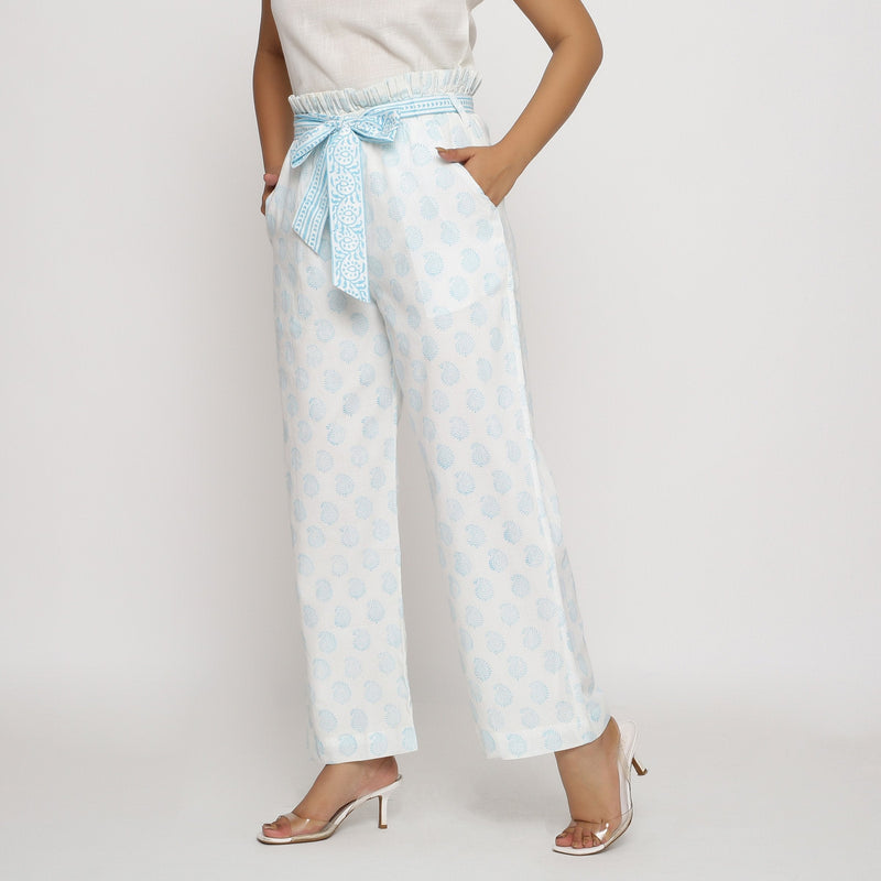 Left View of a Model wearing White Block Printed Paperbag Pant