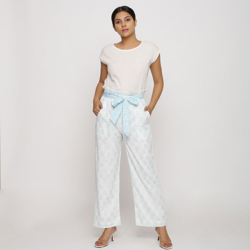 Front View of a Model wearing White Block Printed Paperbag Pant