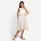 Front View of a Model wearing White Block Printed Sanganeri Slip Dress