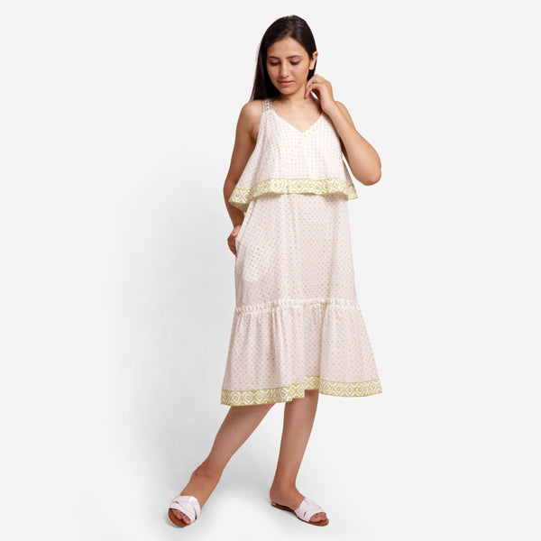 Front View of a Model wearing White Block Printed Sanganeri Slip Dress