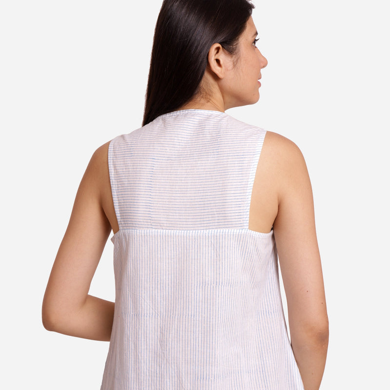 Back View of a Model wearing White Block Printed Tunic Dress