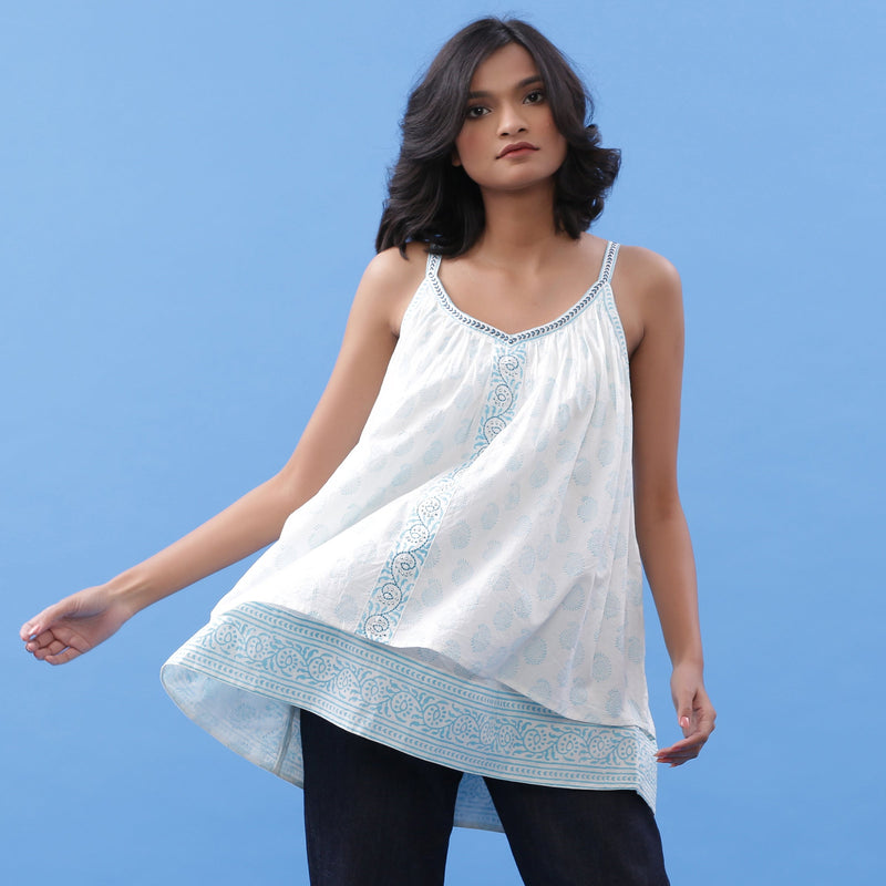 White Paisley Block Printed Cotton V-Neck Tunic Top
