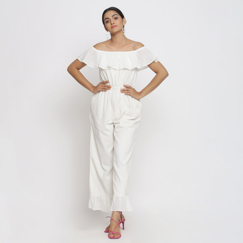 Front View of a Model wearing White Cotton Corduroy Straight Jumpsuit