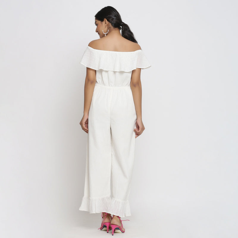 Back View of a Model wearing White Cotton Corduroy Straight Jumpsuit