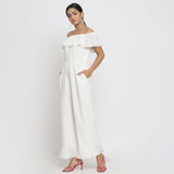 Left View of a Model wearing White Cotton Corduroy Straight Jumpsuit