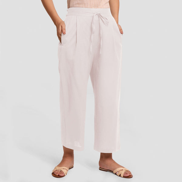 Front View of a Model wearing White Cotton Flax Wide Legged Pant