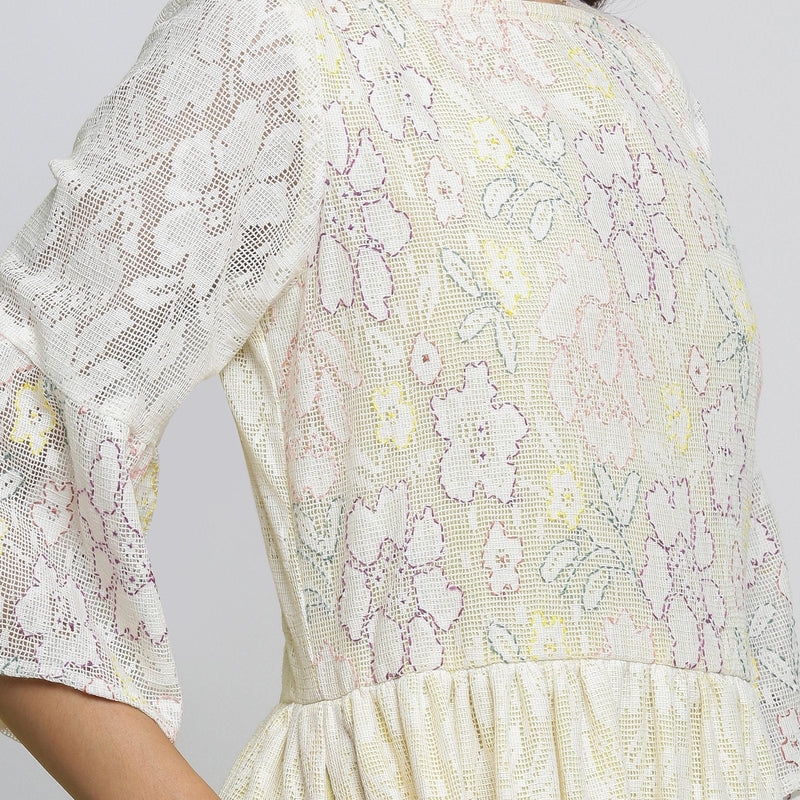 Right Detail of a Model wearing White Cotton Hand-Embroidered Yoked Dress