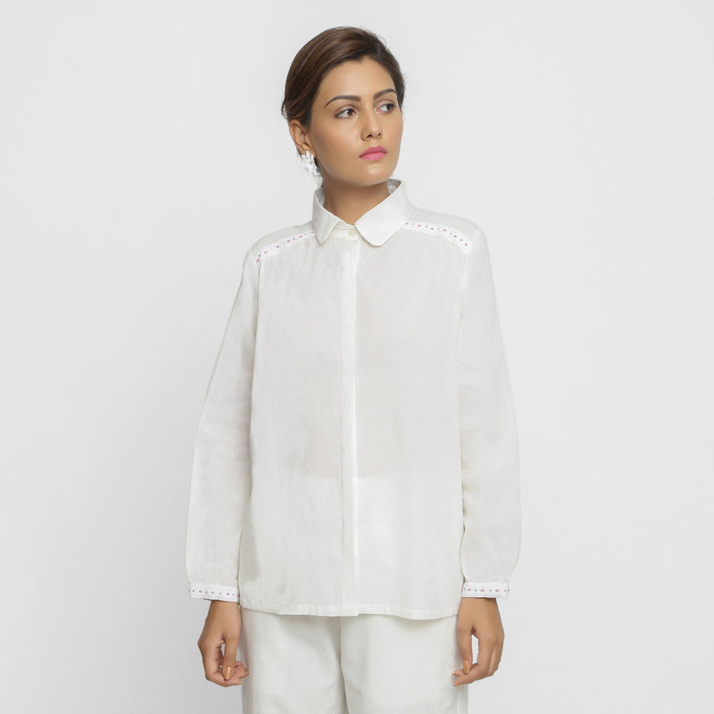 Front View of a Model wearing White Cotton Lined Button-Down Top