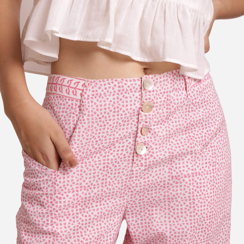 Front Detail of a Model wearing Pink Hand Block Printed Mid Rise Culottes