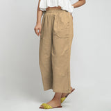 Left View of a Model wearing Beige Wide Legged Straight Pant
