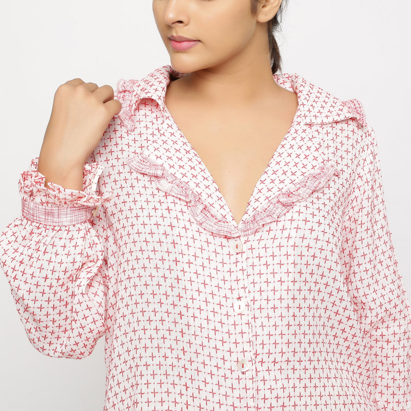 Front Detail of a Model wearing White Crinkled Cotton Button-Down Shirt