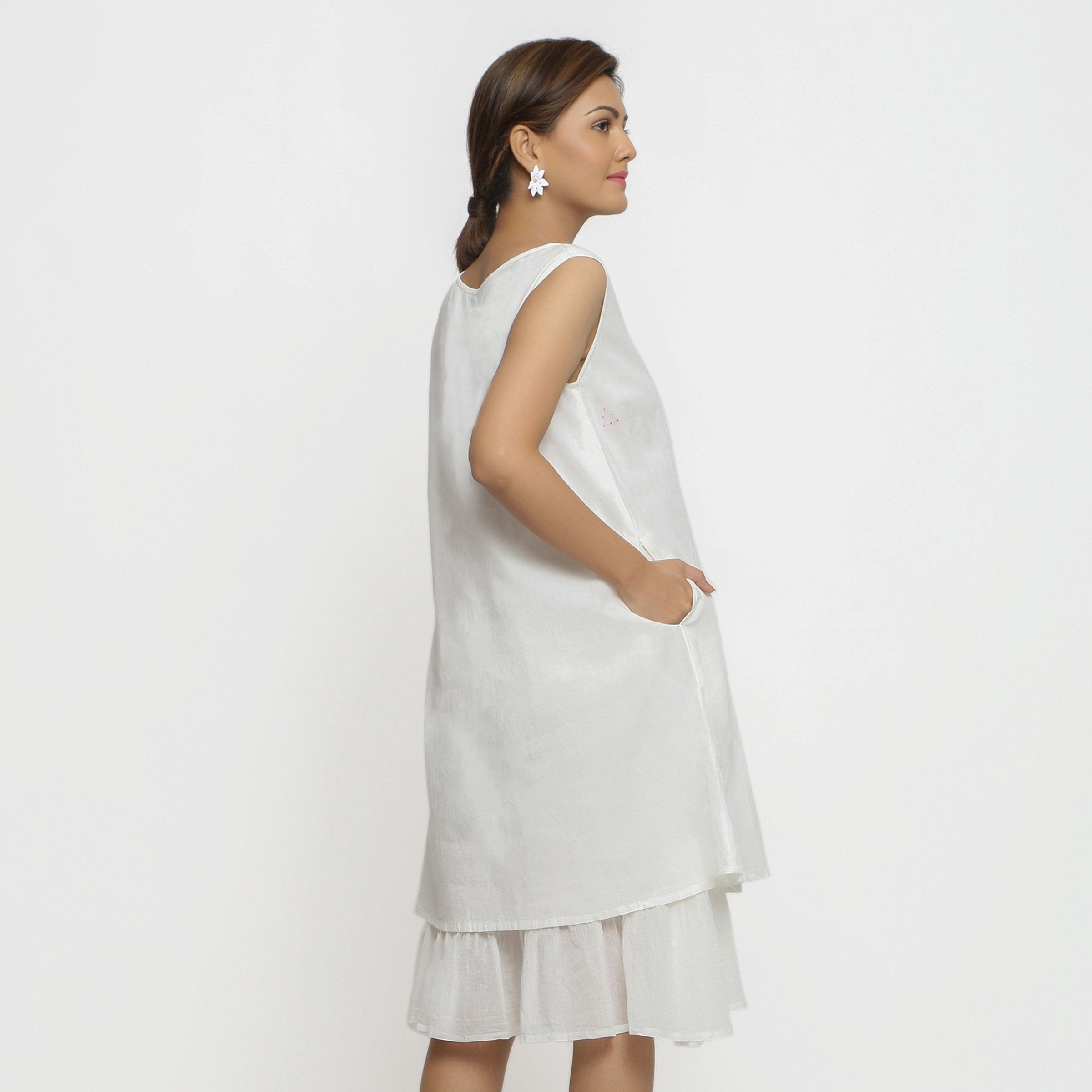 Back View of a Model wearing White Embroidered Cotton A-Line Dress
