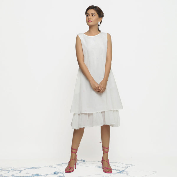 Front View of a Model wearing White Embroidered Cotton A-Line Dress