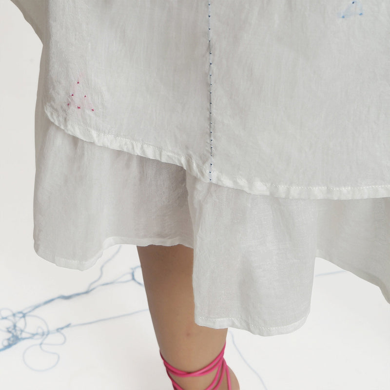 Close View of a Model wearing White Embroidered Cotton A-Line Dress