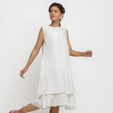 Front View of a Model wearing White Embroidered Cotton A-Line Dress