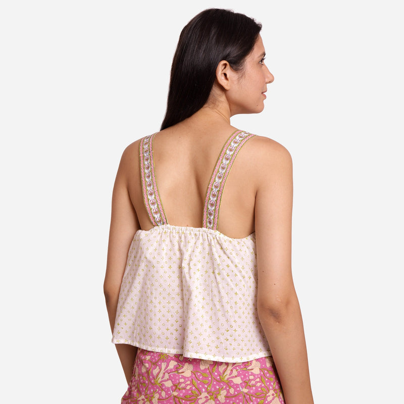 Back View of a Model wearing White Geometric Print Lace Crop Top