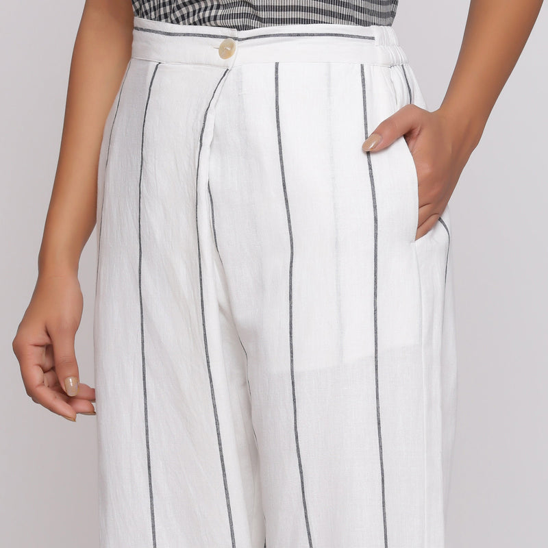 White Striped Handspun Cotton Elasticated Mid-Rise Wrap Pant