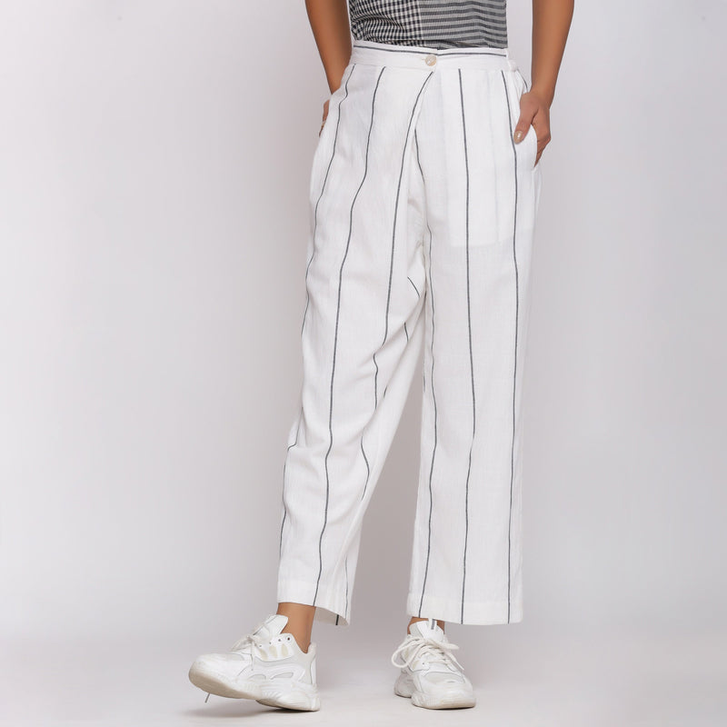 White Striped Handspun Cotton Elasticated Mid-Rise Wrap Pant