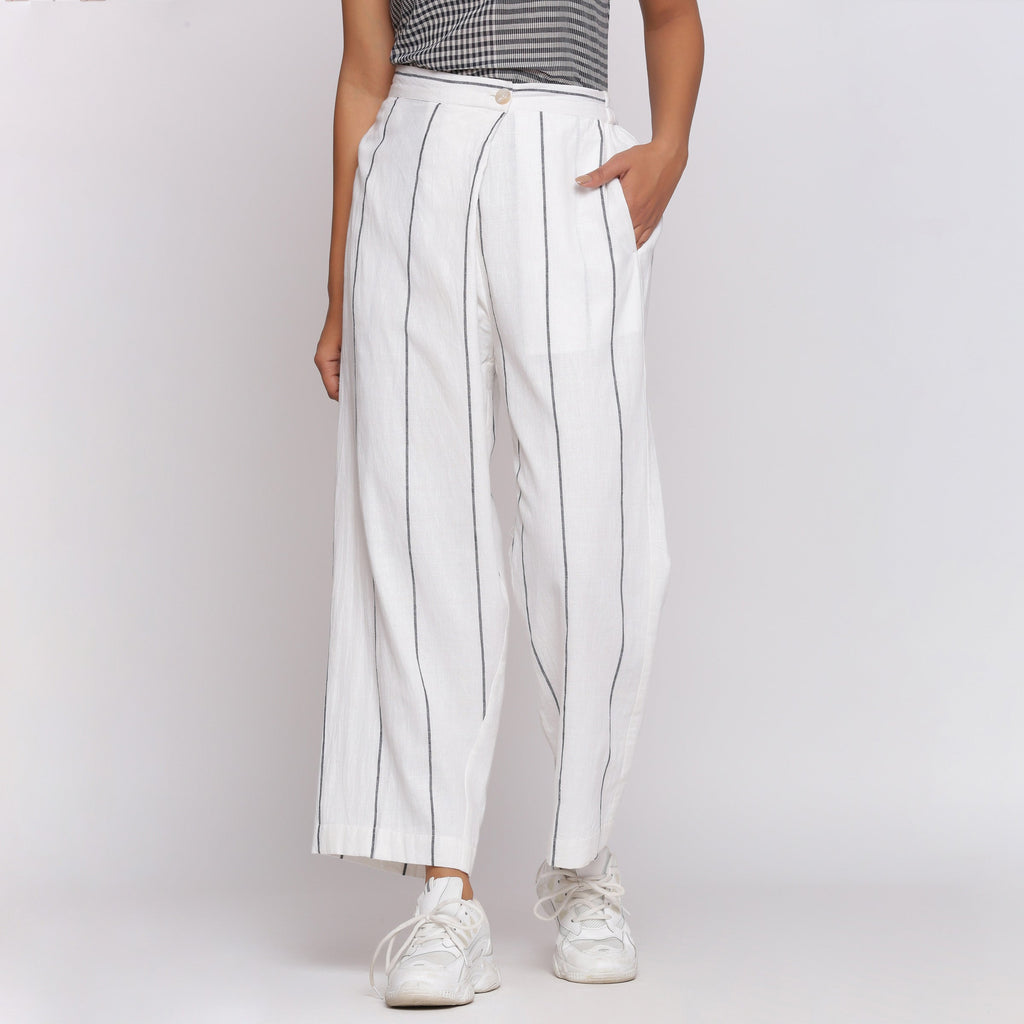 White Striped Handspun Cotton Elasticated Mid-Rise Wrap Pant