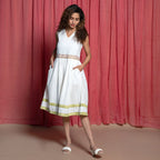 Front View of a Model wearing White Organic Cotton Block Print Lace Sundress