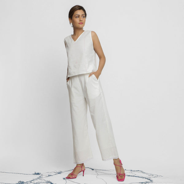 Front View of a Model wearing White Organic Cotton Top and Banded Hem Pant Set