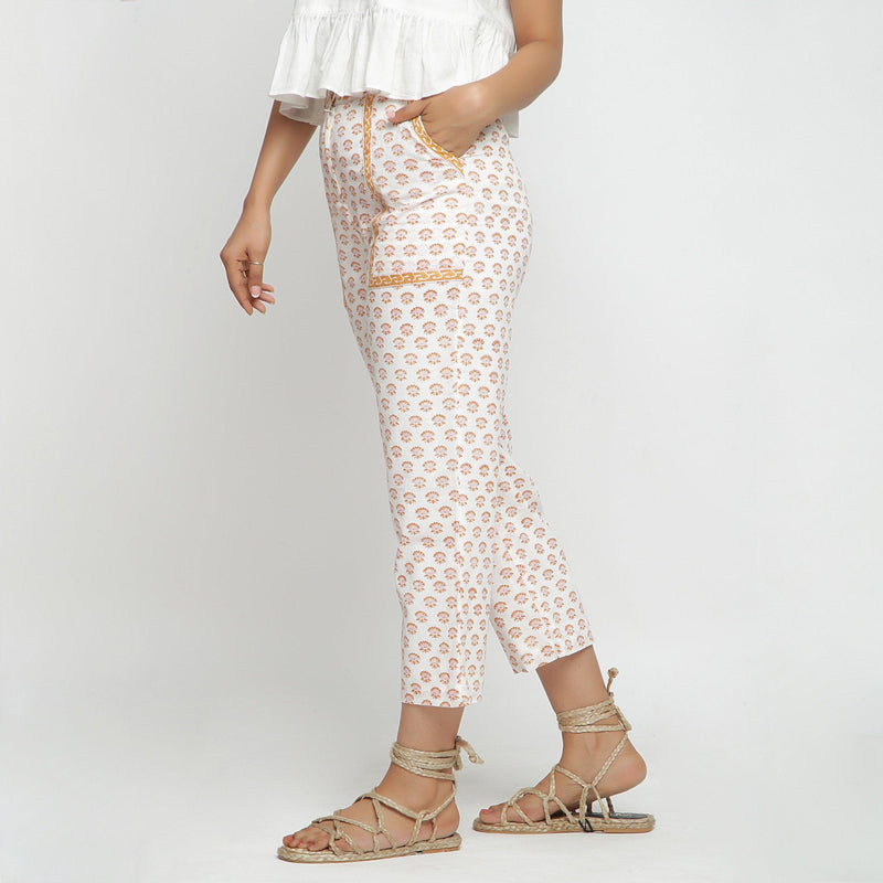 Left View of a Model wearing Hand-Block Printed Floral Straight Pant
