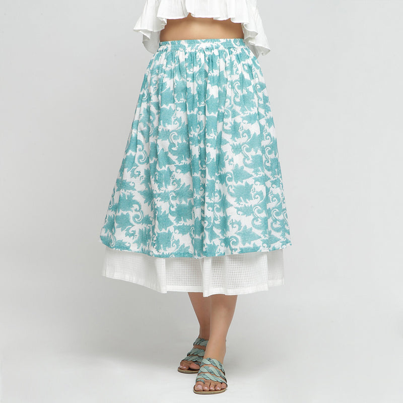 Front View of a Model wearing Sanganeri Hand-Block Print Layered Skirt