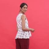 Back View of a Model wearing White Sanganeri Print High Low Top