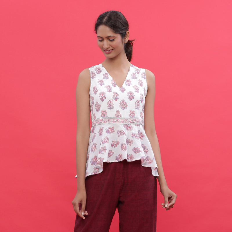 Front View of a Model wearing White Sanganeri Print High Low Top
