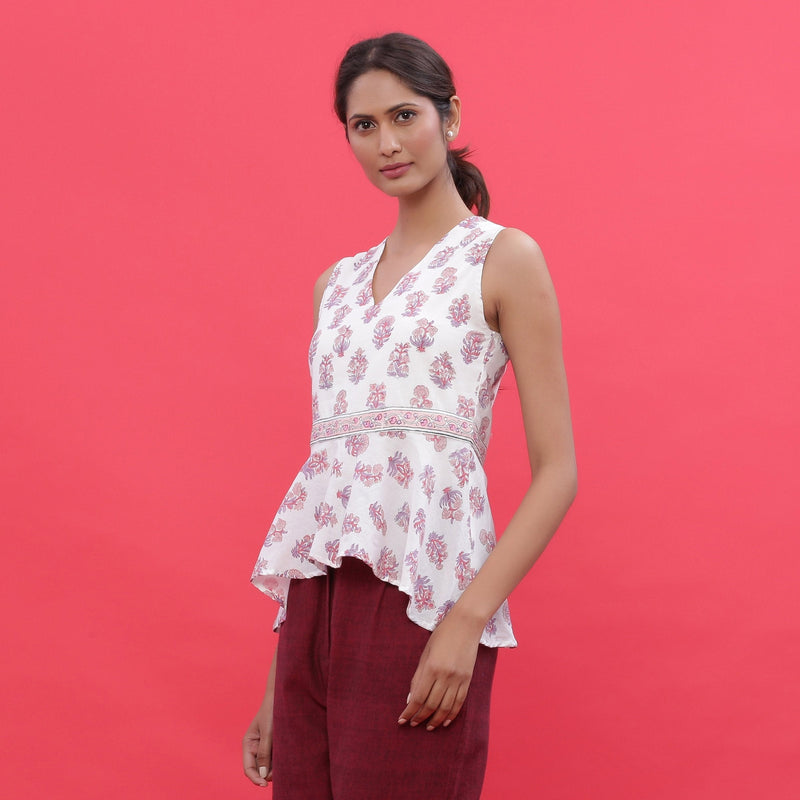 Left View of a Model wearing White Sanganeri Print High Low Top