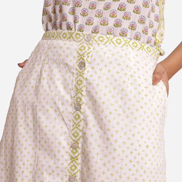 Front Detail of a Model wearing White Sanganeri Printed A-Line Skirt