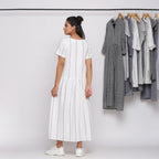 White Striped Cotton Muslin Split Neck Maxi Dress