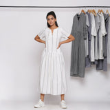 White Striped Cotton Muslin Split Neck Maxi Dress