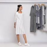 White Striped Handspun Cotton Knee Length Slit Shift Dress