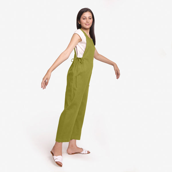 Right View of a Model wearing White Straight Top and Olive Jumpsuit Set
