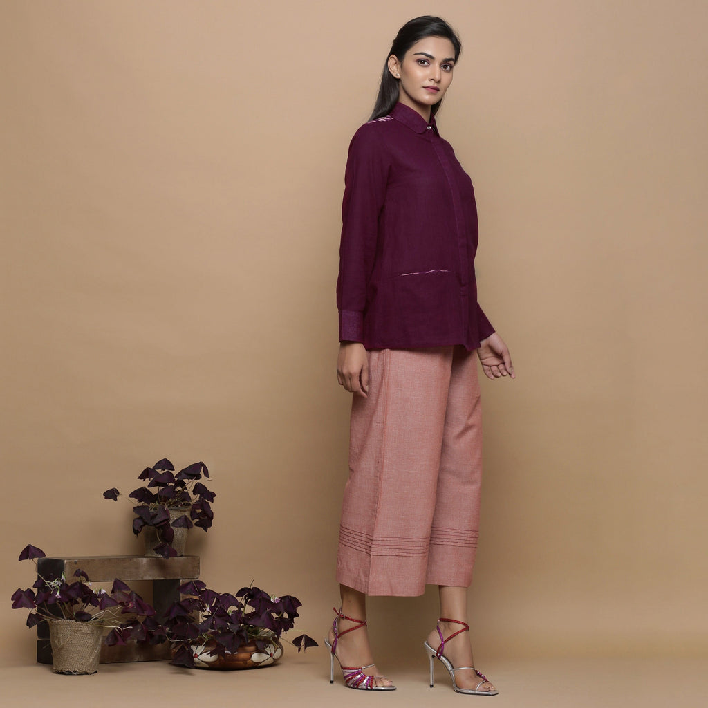 Wine Ikat Handwoven 100% Cotton Button-Down Yoked Shirt
