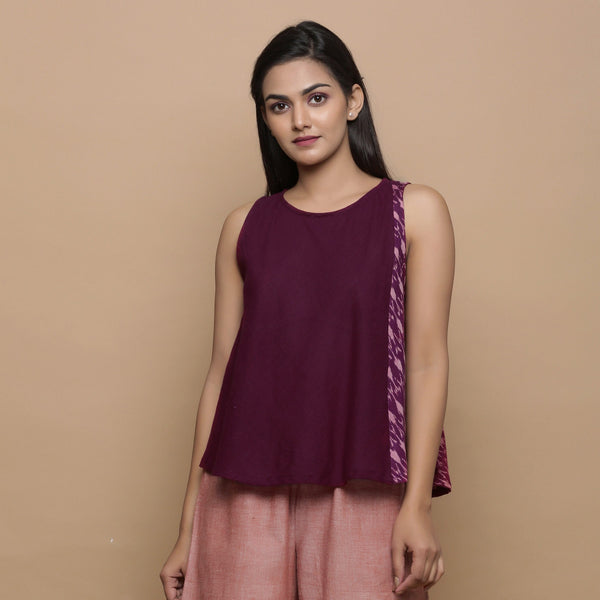 Wine Handwoven 100% Cotton Ikat Sleeveless Paneled Top