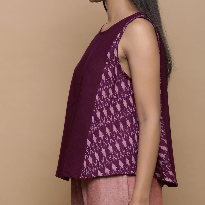 Wine Handwoven 100% Cotton Ikat Sleeveless Paneled Top