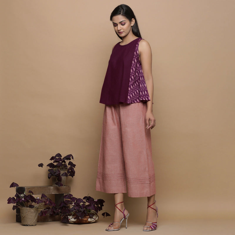 Wine Handwoven 100% Cotton Ikat Sleeveless Paneled Top