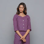 Front View of a Model wearing Grape Wine Flannel Sweetheart Neck Top