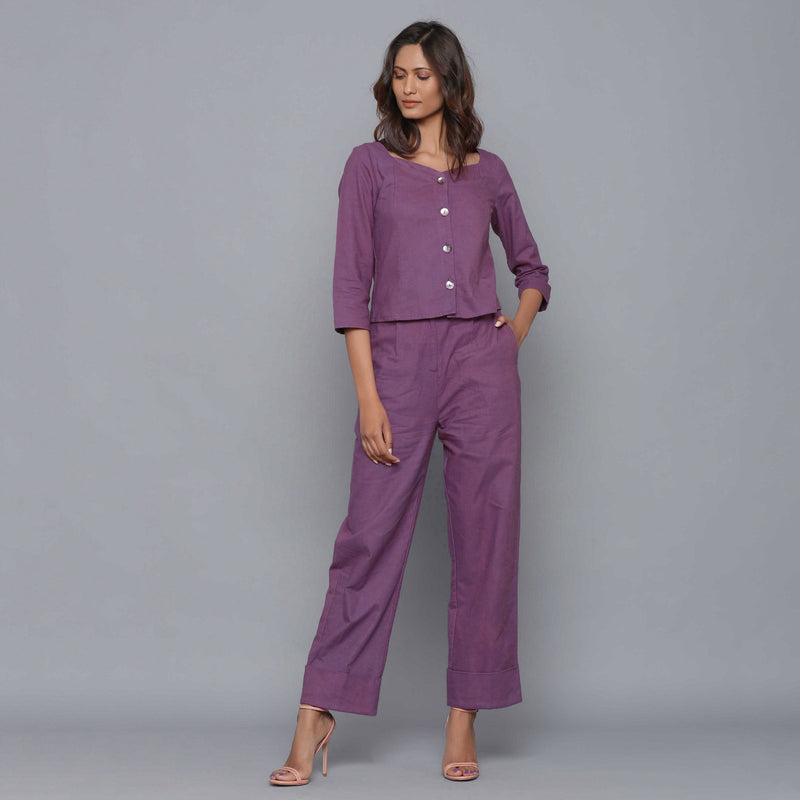 Front View of a Model wearing Wine Flannel Short Top and Rolled Up Pant Set