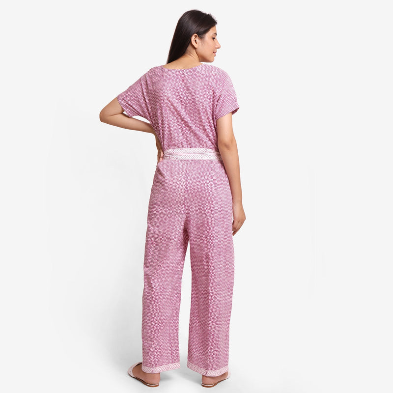 Back View of a Model wearing Wine Hand Block Print Straight Jumpsuit