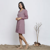 Left View of a Model wearing Wine Handspun Button-Down A-Line Dress