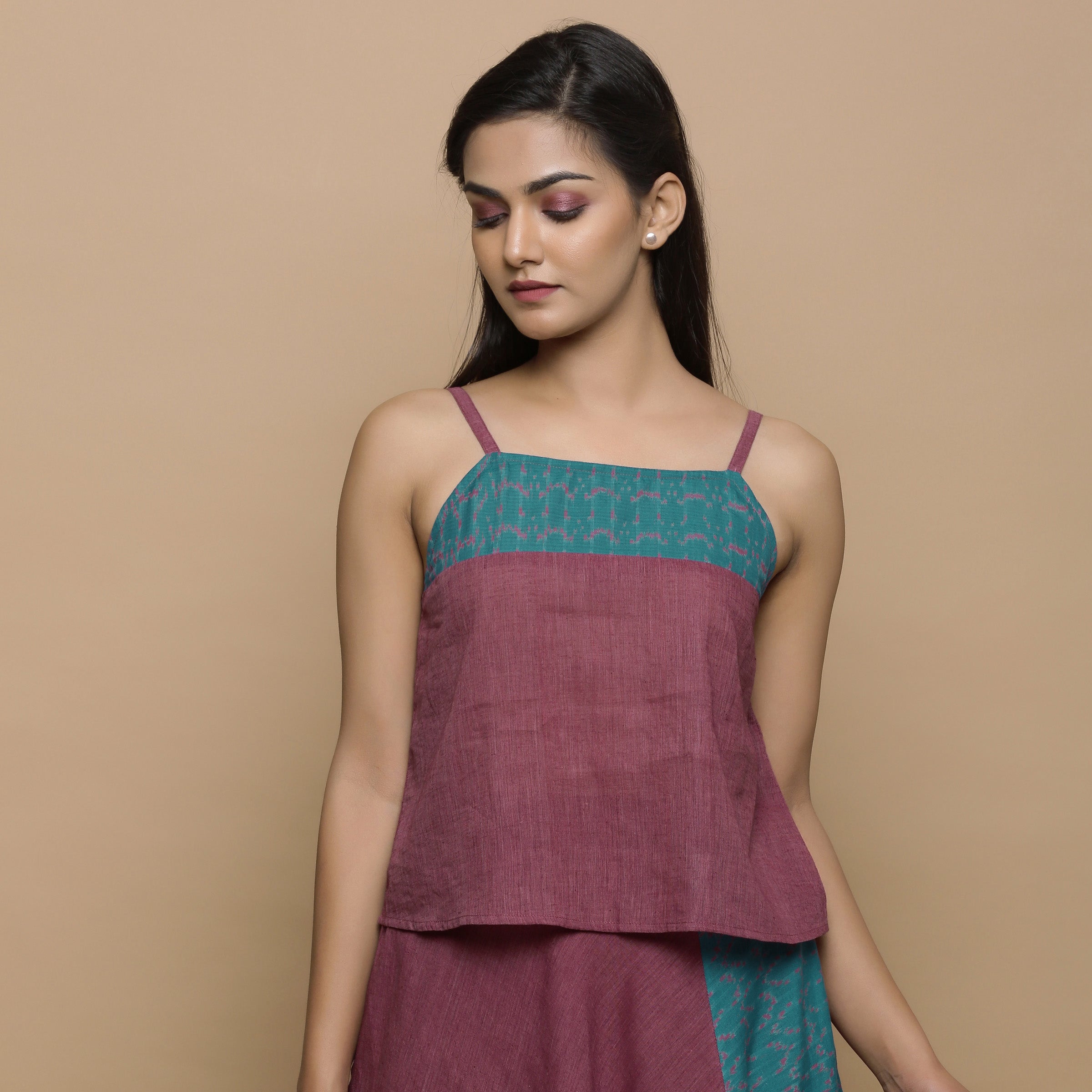 Wine Handwoven Ikat Cotton A-Line Spaghetti Top