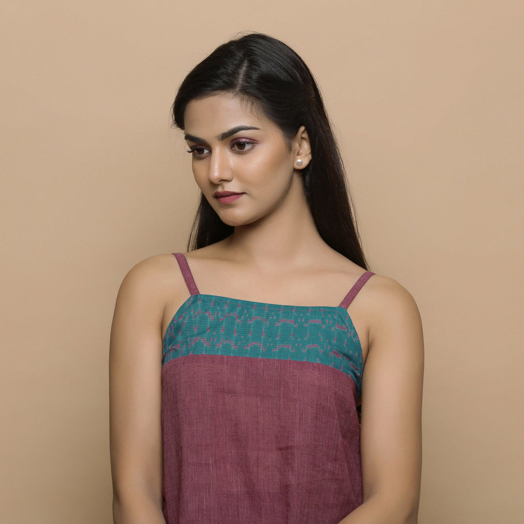 Wine Handwoven Ikat Cotton A-Line Spaghetti Top