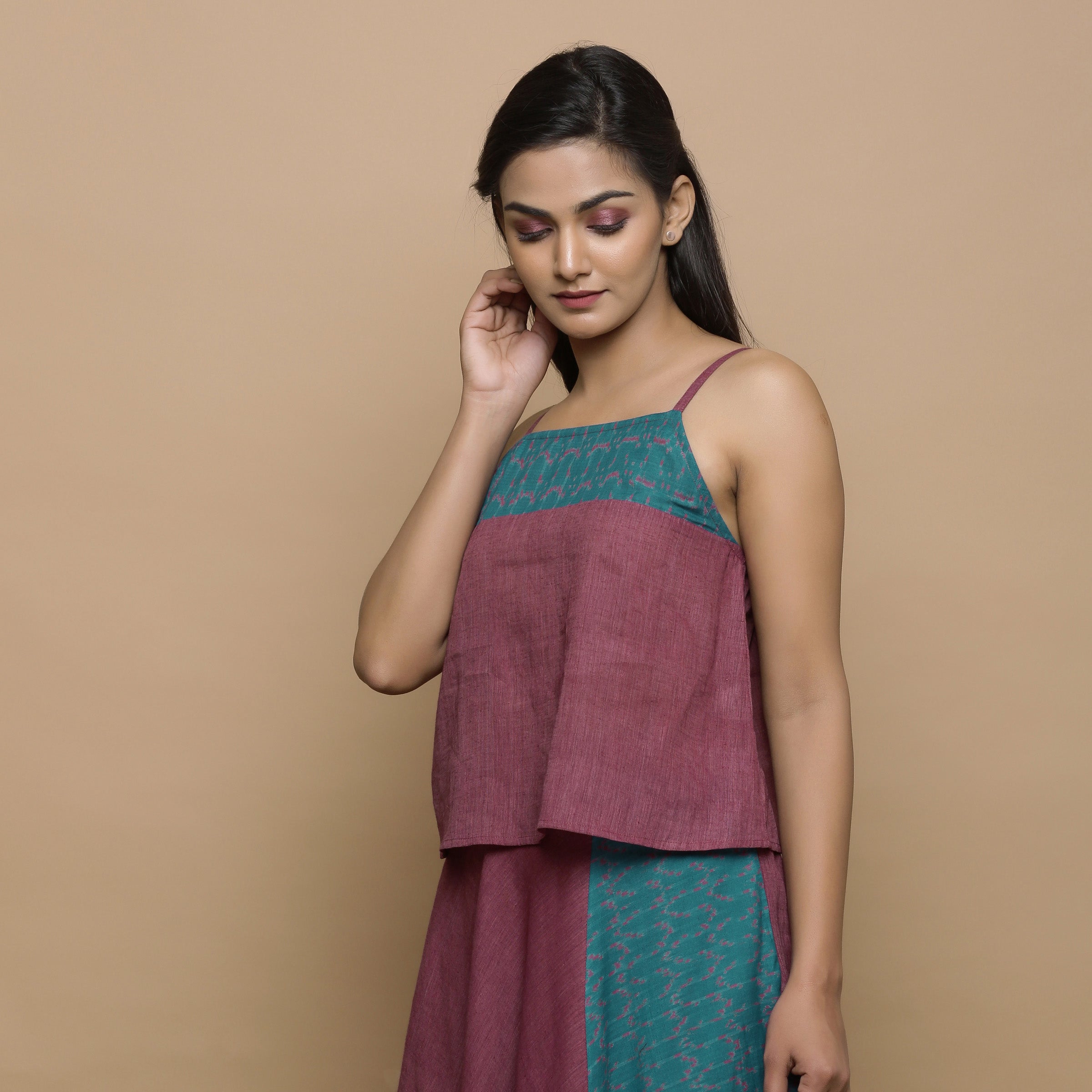 Wine Handwoven Ikat Cotton A-Line Spaghetti Top